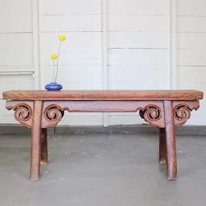 Antique Chinese Elm Bench with Cloud Scroll Carving | Ming Style Rustic Wooden Seating