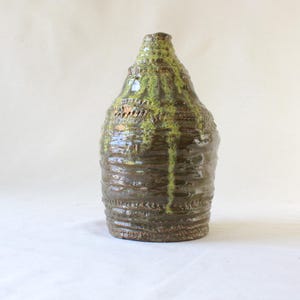 Mid-Century Studio Pottery Bottle Vase – Earthy Brown & Moss Green Drip Glaze, Signed AEL