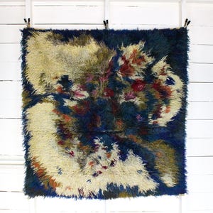 Vintage Scandinavian Rya Rug | Mid-Century Wool Shag Wall Hanging | Abstract Indigo & Cream Fiber Art