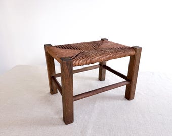 Vintage Rush Seat Stool c. 1960's | Handwoven Cord Seat Footstool | Scandinavian Modern Stool