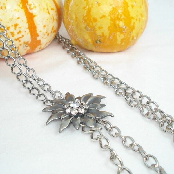 Silver Starbust Multi Chain Extra Long Pewter and Rhinestone Flower Pin Necklace