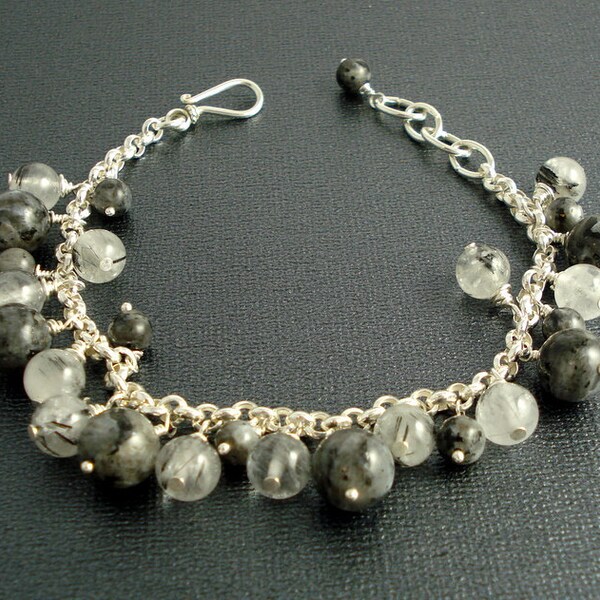 Tourmalinated Quartz and Blue Labradorite Larvikite Sterling Silver Bracelet