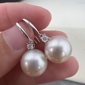 Classic White South Sea Pearl Drop Earrings with Diamond – 13mm