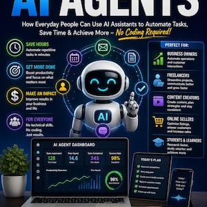 May include: An infographic titled A Practical Guide to AI Agents featuring a white robot with a blue glowing face, a laptop displaying an AI Agent Dashboard, a tablet showing a daily plan, and a smartphone with a voice assistant interface.