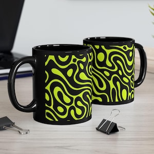 Neon Abstract Pattern Coffee Mug, Black Ceramic Cup, Vibrant Drinkware