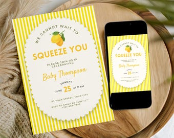 Lemon Baby Shower Invitation Template, We Can't Wait to Squeeze You Baby Shower, Gender Neutral Lemon Citrus Digital Invite
