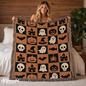 May include: A woven throw blanket featuring a repeating grid pattern of Halloween-themed icons including skulls, ghosts, pumpkins, bats, spiders, witch hats, and haunted houses in a colour palette of black, white, and burnt orange with fringed edges.