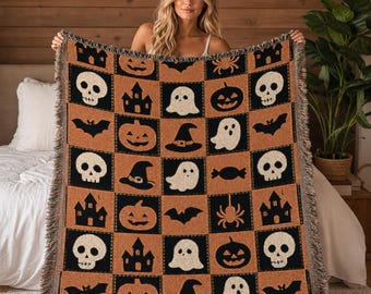 Halloween Patchwork Woven Blanket, Spooky Plaid Throw