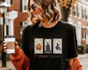 Spooky Season Halloween Stamps T-Shirt & Sweatshirt, Vintage Pumpkin Witch Haunted House Top