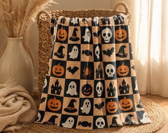 Halloween Patchwork Sweatshirt Blanket, Spooky Season Cottagecore Throw