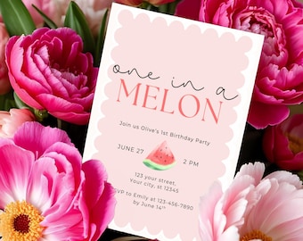 One in a Melon First Birthday Digital Invitation Template, Watermelon Party Invite