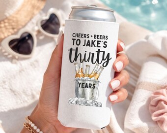 Cheers and Beers Custom Birthday Can Cooler, 30th 40th 50th Celebration Beverage Sleeve