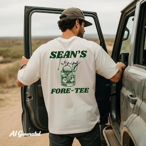 以下が含まれることがあります： 緑色のグラフィックとテキストが入ったクリーム色のTシャツ。グラフィックはゴルフボール、クラブ、カクテルグラスが特徴です。テキストは「SEAN'S Turning FORE-TEE」と書かれています。Tシャツは車の隣に立っている人が着ています。