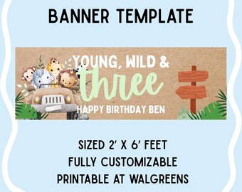 Modèle de bannière d'anniversaire sur le thème de la jungle, jeune, sauvage et trois designs personnalisables