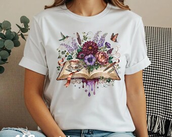 Bookish Floral T-Shirt - Vintage Style with Magical Flowers