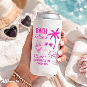 Enfriador de latas personalizado para Bach Island, funda de neopreno para bebidas para despedida de soltera en la playa, recuerdo para despedida de soltera de verano