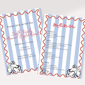 May include: Two invitation cards with a blue and white striped background and a red wavy border. The left card says "Smith Family Annual Oyster Roast" and the right card says "menu". Includes oyster illustrations.
