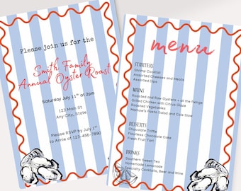 May include: Two rectangular cards with light blue and white vertical stripes and a wavy orange border. The left card reads Smith Family Annual Oyster Roast, and the right card features a menu with headers for starters, mains, desserts, and drinks.