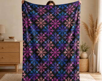 Neon Snowflake Pattern Velveteen Plush Blanket, Colorful Winter Throw