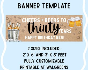 Customizable 30th Birthday Banner, Cheers and Beers Theme Template