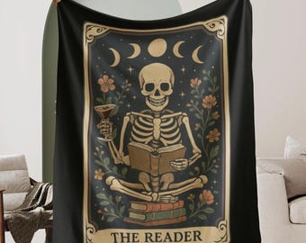 The Reader Tarot Blanket, Gothic Skeleton Reading Plush Throw, Dark Academia Decor