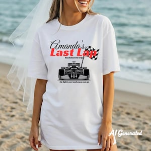 May include: White t-shirt with the text "Amanda's Last Lap" in black and red, featuring a race car graphic and a checkered flag. The phrase "Bachelorette trip" is below the text, and "Its lights out and away we go" is at the bottom.