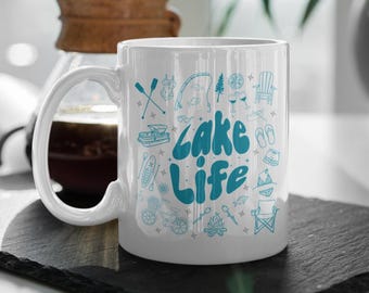 Lake Life Doodle Mug, Ceramic Coffee Cup, Teal Hand Drawn Design