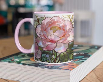 Peony Stained Glass Mug, Floral Ceramic Cup, Botanical Garden Gift