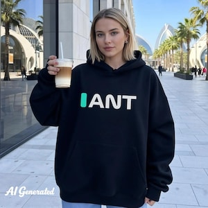 May include: A black hoodie with the word "IANT" in white letters and a teal "I". The person is holding a clear plastic cup with a beverage and a straw. The background features palm trees and modern architecture.