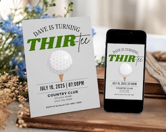 Thir-Tee Golf Invitation Template, 30th Birthday Theme Party Digital Invite