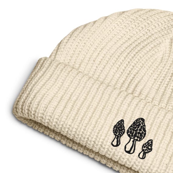 Morel Mushroom Fisherman Beanie - Mushroom Embroidered Beanie - Ribbed Knit Cozy Winter Hat - Trendy Style Beanie with Morels