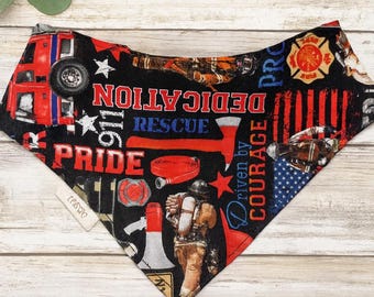 Firefighter Dog Bandana: Handmade Cotton-Firehouse Print-Scrunchie Style Dog Bandana-Fire Engine-Firefighter.