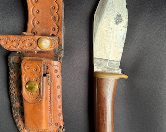 Hand Forged Hammered Skinner Steel Blade knife with hand Tooled Sheath 1960