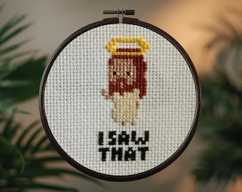Kruissteekpatroon grappig glurende Jezus: borduurwerk met religieuze humor. I Saw That moderne populaire meme Xstitch (digitale pdf-download)