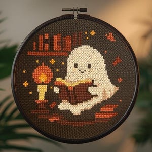 Bibliothèque de fantômes de Noël, modèle de point de croix PDF. Motif de broderie gothique hiver confortable à la main, point de vacances hantées téléchargement numérique instantané