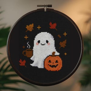 Ghost Cross Stitch Pattern. Coffee Ghost with Pumpkin Spice latte • Beginner Friendly PDF.  Full Stitch Embroidery. Halloween Lovers Gift
