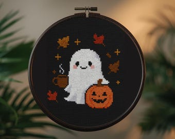 Ghost Cross Stitch Pattern. Coffee Ghost with Pumpkin Spice latte • Beginner Friendly PDF.  Full Stitch Embroidery. Halloween Lovers Gift