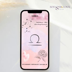 Może przedstawiać: Ekran smartfona wyświetla wzór znaku zodiaku Wagi. Różowe tło zawiera symbol Wagi, konstelację i tekst: "Szukaj równowagi - Urok Wagi wnosi harmonię do wszystkich." Dodatkowy tekst to "Uroczy | Dyplomatyczny | Towarzyski."