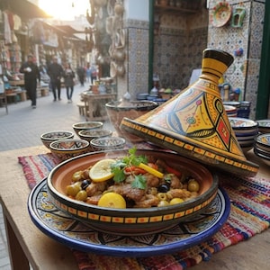 May include: A traditional Moroccan tagine dish with olives and lemon slices, served in a decorative ceramic bowl. The bowl sits on a colorful patterned plate and a woven mat. A yellow and black tagine lid rests nearby.