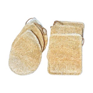 May include: Several natural loofah bath sponges in a light tan color are arranged on a white background. The sponges have a textured surface and are connected to a natural fiber loop for hanging. One set is oval-shaped, and the other is square.