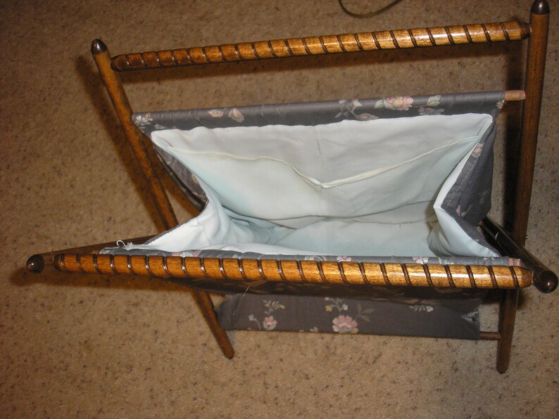 Yarn Knitting Sewing Storage 1930 Folding Wood Frame Stand Basket