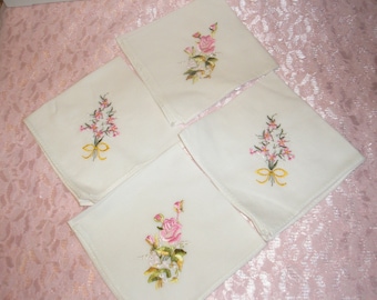 Hanky Hankerchief Four Cotton White W/Pink Flower Embroidery