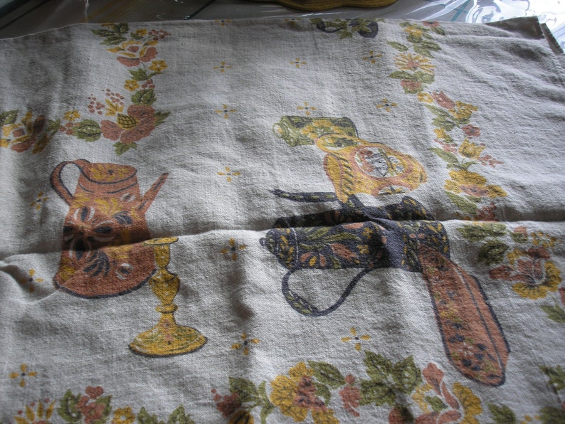 Vintage Tableclothe Linen Biege Norwegian Rosemale Pattern Tablecothe 48x 66