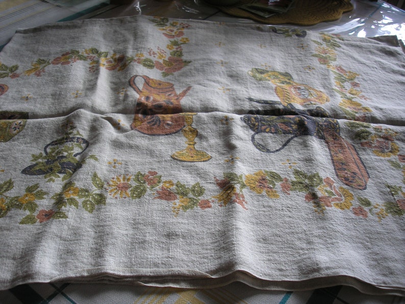 Vintage Tableclothe Linen Biege Norwegian Rosemale Pattern Tablecothe 48x 66