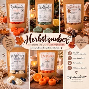 Könnte beinhalten: Fünf braune Papiertüten mit duftenden Sojawachs-Melts, beschriftet mit Kürbiszauber, Waldzauber, Lebkuchenzauber, Waffelzauber und Orangenzauber. Jede Tüte enthält geformte Wachsstücke in Orange, Grün, Beige und Weiß mit herbstlichen Motiven.