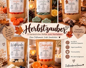 Könnte beinhalten: Fünf braune Papiertüten mit duftenden Sojawachs-Melts, beschriftet mit Kürbiszauber, Waldzauber, Lebkuchenzauber, Waffelzauber und Orangenzauber. Jede Tüte enthält geformte Wachsstücke in Orange, Grün, Beige und Weiß mit herbstlichen Motiven.