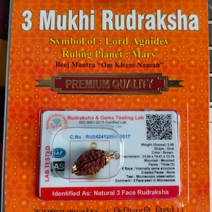 May include: An orange card with the text "3 Mukhi Rudraksha" and details about the item. A small, brown, oval-shaped bead is displayed in a clear plastic case. The card includes information about the bead's weight, shape, and color.