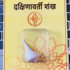 May include: A white conch shell in a clear plastic package on a yellow card. The card has text in a foreign language, a red circular design, and a decorative pattern. The text "Dakshinavarti Shankh" is visible.