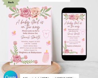 May include: A baby shower invitation template with a pink floral design. The invitation includes the text "A baby Girl is on the way" and details for the event. A smartphone displays the same design. The template is available in two sizes.