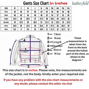 May include: A size chart for a jacket, labeled "Gents Size Chart in inches." Measurements include chest, waist, length, shoulder, sleeve, and wrist, ranging from XS to 6XL. Diagram shows how to measure chest.